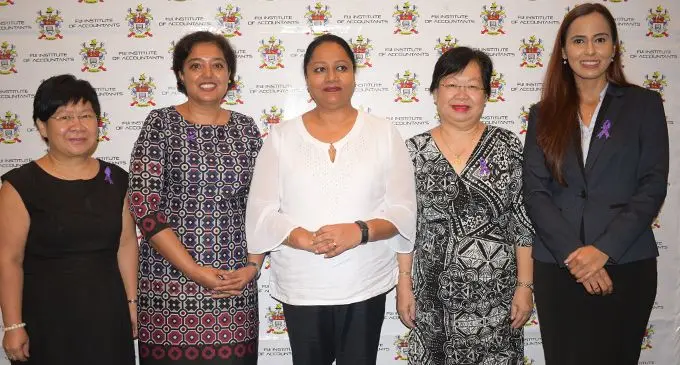 FIA executive director Beverly Seeto, Chartered Accountant and KPMG partner Renu Chand, Minister for Industry, Trade and Tourism Premilla Kumar, Reserve Bank of Fiji chief manager governor’s Office Lorraine Seeto, Deutsche Gesellschaft für Internationale Zusammenarbeit, (German International Cooperation – GIZ) head of administration and finance and Fijian Holdings Group Board Director, Kalpana Lal at the Holiday Inn, Suva on March 4, 2019. Photo: Simione Haranavanua