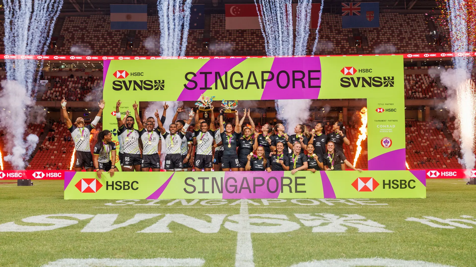 Fiji men’s and New Zealand women’s team celebrate their HSBC Singapore title win on February 2, 2026. 