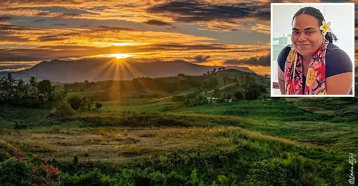 Sunset in Nausori Highlands . Inset: Elisapesi Tokalau - Baleilekutu..