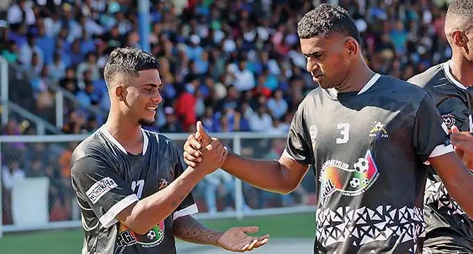 Rooster Chicken Ba midfielder Mohammed Raheem (left) is congratulated by defender Rahul Naresh after scoring their lone goal at Churchill Park, Lautoka, on January 28, 2023. Photo: Fiji FA Media