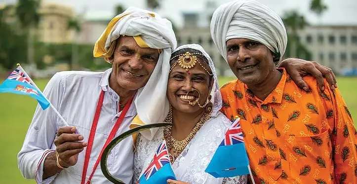 Girmit Day performers from left: Arun Padarath, Sonali Kumari and Suresh Chand during the Girimit Day celebrations at Albert Park, Suva on May 15, 2023. Photo: Leon Lord