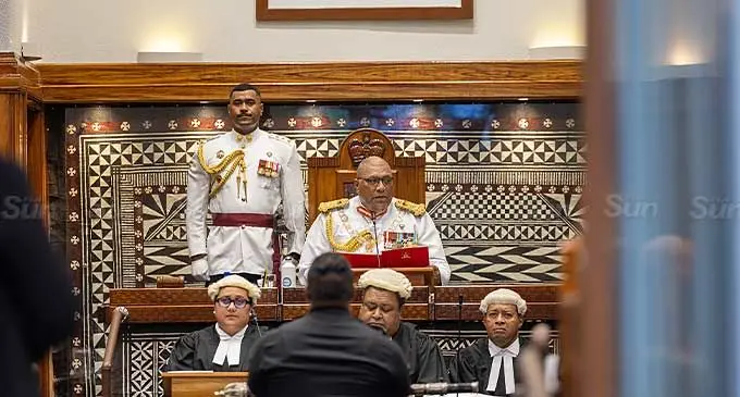 President Ratu Wiliame Katonivere while addressing the opening of Parliament on March 4, 2024. Sitting far left is the Speaker of the House, Ratu Naiqama Lalabalavu. Photo: Leon Lord