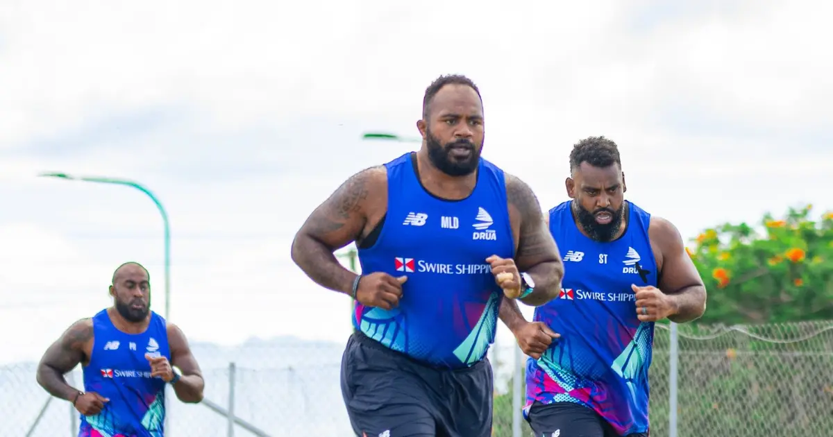 Fijian Drua forwards Peni Ravai (back), Mesake Doge (centre) and Samuela Ta-wake during a training session at their Legalega base in Nadi. Photo: Fijian Drua
