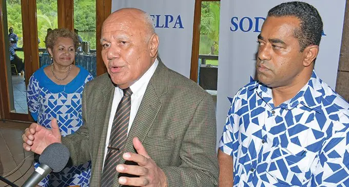 From left-SODELPA General Secretary Emele Duituturaga with newly appointed party leader Viliame Gavoka and Deputy Party leader Filimoni Vosarogo after the party annual general meeting at Novotel Convention Centre on November 28, 2020.   Photo: Ronald Kumar