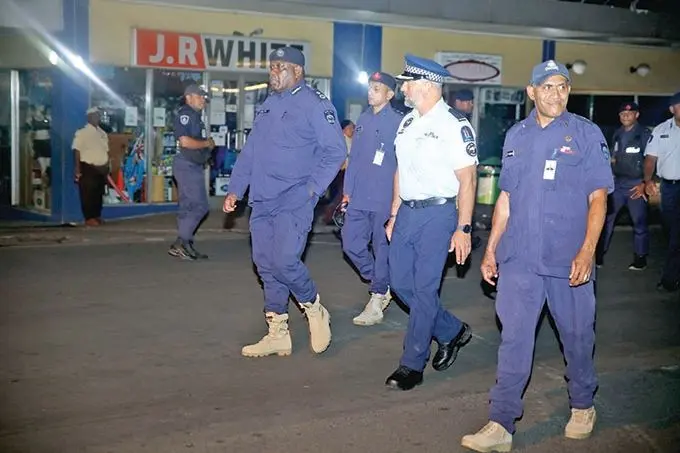 Acting Commissioner of Police Rusiate Tudravu and Inspector Paris Rasoz of the Royal New Zealand Police Force and team of Police officers during Police New Year’s operation around Suva on December 31, 2020.  Photo: Police Media Cell