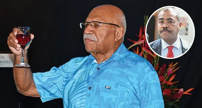 Prime Minister Sitiveni Rabuka toasting during the special dinner at the Grand Pacific Hotel with Government Members of Parliament (MPs) and their spouses on July 30, 2024. Photo: DEPTFO News/Inset: Crossbencher Member of Parliament Mosese Bulitavu