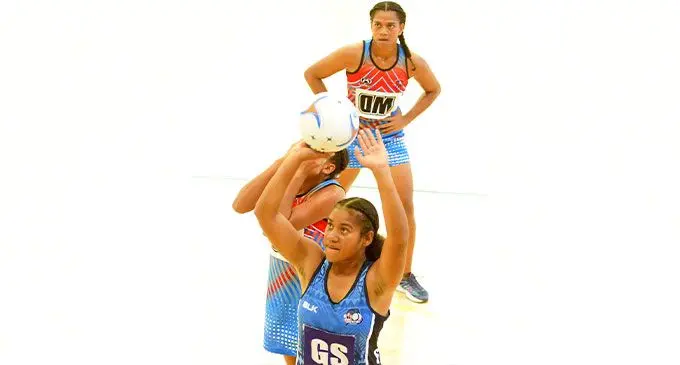 Suva One (GS) Elina Drikibau makes an attempt against Nadi during the Pacific Aus Sports Fiji Netball Youth Championship at the Vodafone Arena, Suva, on April 23, 2022. Photo: Ronald Kumar