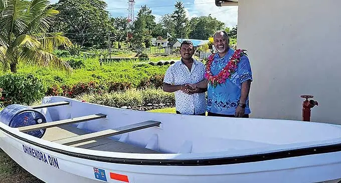 Dhirendra Din with the Minister for Rural and Maritime Development Sakiasi Ditoka at the Waiyevo Government Station on Taveuni on January 25, 2024. Photo: Jone Salusalu
