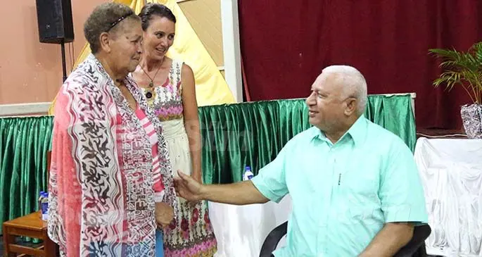 Prime Minister Voreqe Bainimarama with Kasa Sahai (left) and Shelly Douglas-Emberson at the Levuka Town Hall meeting on July 14, 2020. Photo: Kelera Sovasiga