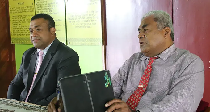 Centre for Appropriate Technology Development newly appointed Director Naipote Katonitabua and Deputy Secretary iTaukei Affairs Saimoni Waibuta. Photo: Ministry of iTaukei Affairs Facebook page.