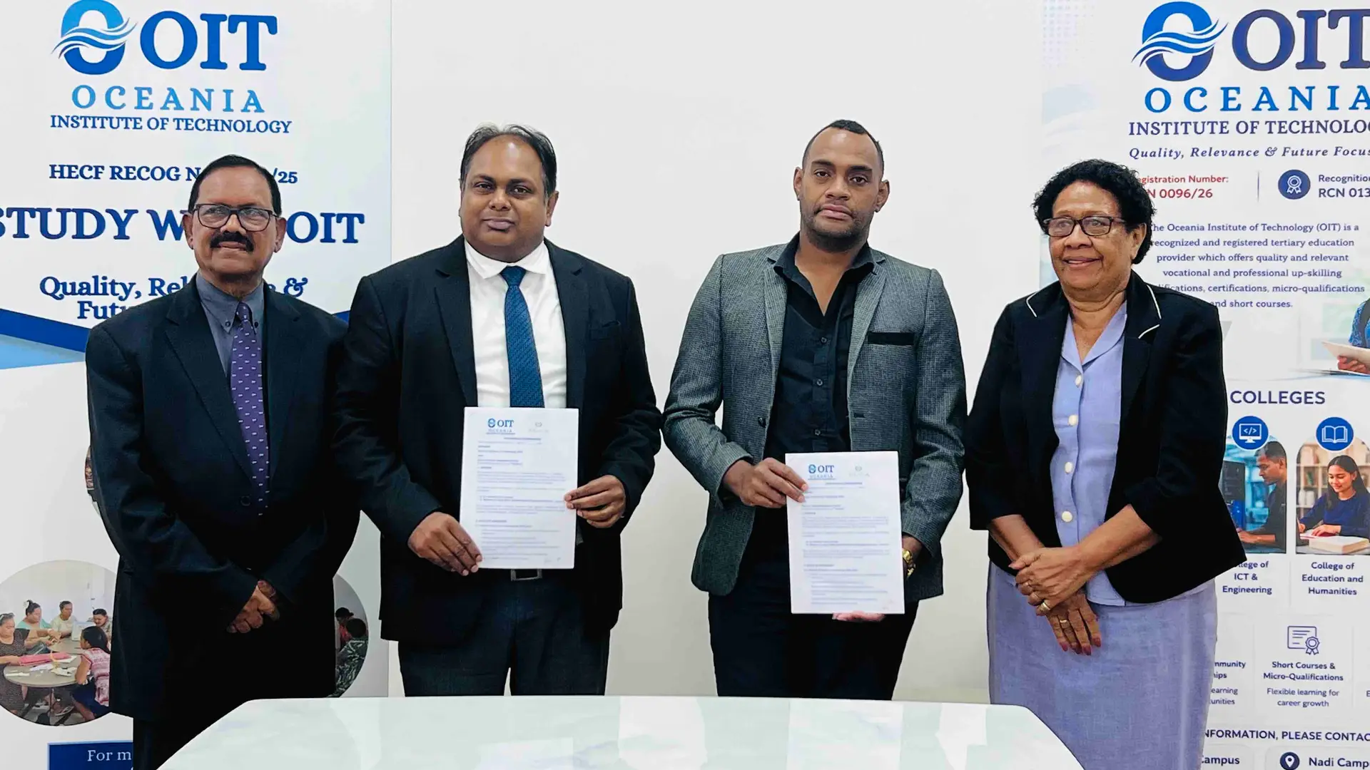 From left: Head of Programmes Suresh Chandra, Oceania Institute of Technology (OIT) chief executive officer Hasmuk Lal, Fiji Law Clerks’ Association president Aoro Tuitubou, and OIT chairperson Sereana Kubuabola.
