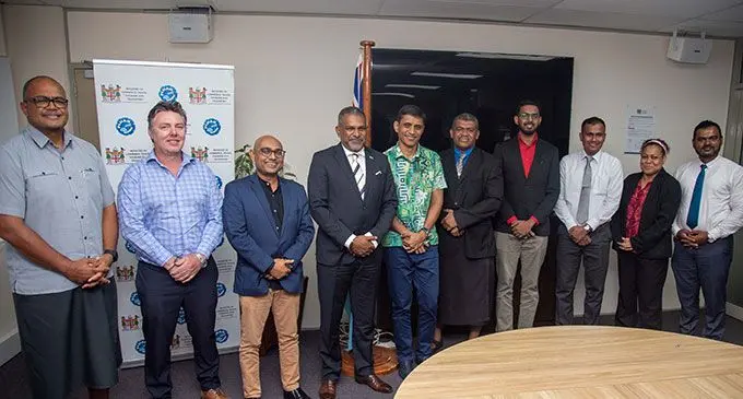 Land Transport Authority (LTA) board chairman James Sowan, Lands Transport Authority board director Richard Breen, Accident Compensation Commission Fiji chief executive officer Parvez Akbar, Minister for Commerce, Trade, Tourism and Transport, Faiyaz Koya, Permanent Secretary for the ministry for Commerce, Trade, Tourism and Transport Shaheen Ali, acting chief executive officer Lands Tranport Authority (LTA) Irimaia Rokosawa, Razik Khan (LTA) , General manager Land Transport Athority (LTA) Navilesh Chand, Acting general manager communication Land Transport Athority (LTA) Makitelena Drova and manager lega Land Transport Athority (LTA) Vicky Chand during the announcement of the Open Taxi Ranking System, in Suva on April 22, 2022. Photo: Leon Lord