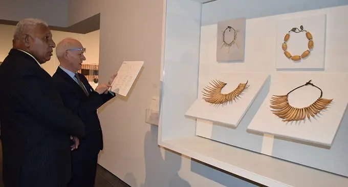 Prime Minister Voreqe Bainimarama takes a tour of the Fiji Exhibition at the Los Angeles County Museum of Art. Photo: Office of the Prime Minister