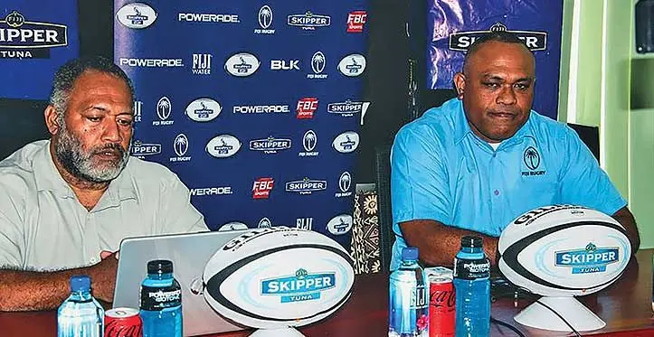 David Stevens (left) and Fiji Rugby Union senior operations officer Tiko Matawalu at the Rugby House on October 12, 2023. Photo: FRU Media