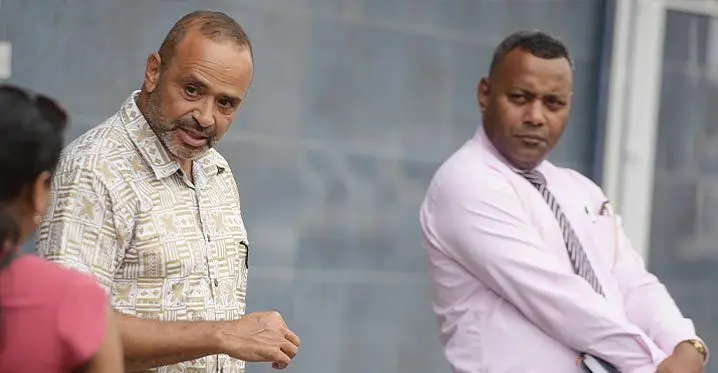 Suspended Commissioner of Police Brigadier-General Sitiveni Qiliho with his lawyer John Rabuku at the CID office in Toorak on February 8, 2023. Photo: Ronald Kumar