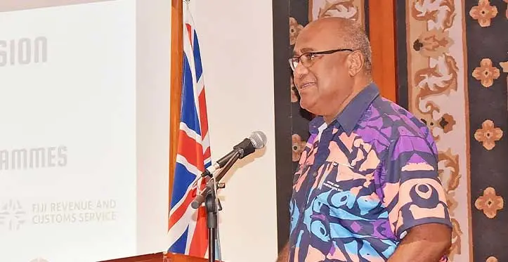 Deputy Prime Minister and Minister for Trade, Cooperatives, Small and Medium Enterprises, and Communications, Manoa Kamikamica officiating at the Information Session on Income Generating Programme at the Suva Civic Centre on August 16, 2023. Photo: Ministry of Trade