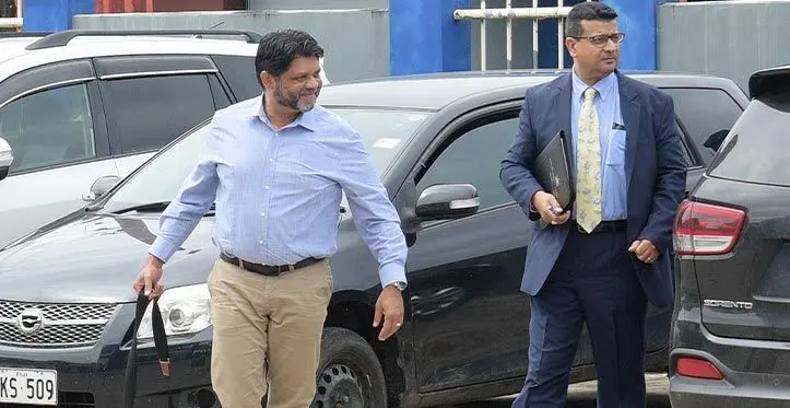 Former Attorney-General, Aiyaz Sayed-Khaiyum, and his lawyer, Devanesh Sharma, outside the Valelevu Police Station on March 22, 2023. Photo: Ronald Kumar