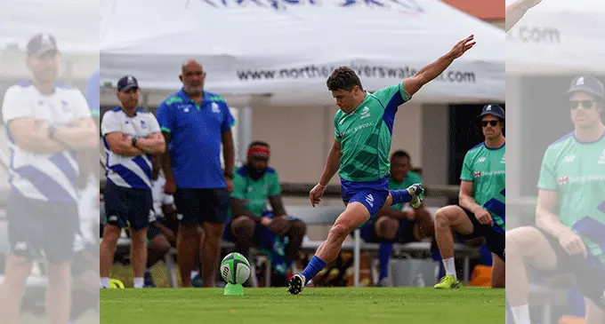 Swire Shipping Fijian Drua first five eight Caleb Muntz kicks for goal during training at Lennox Head, NSW, Australia. Photo: Fijian Drua