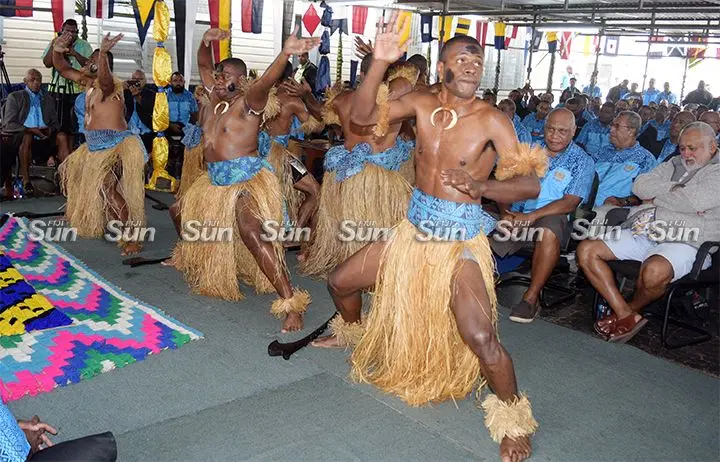 Fiji Navy personnel preform a meke Fiji Navy 48th anniversary at Stanley Brown base in Suva on July 27, 2023. Photo: Ronald Kumar