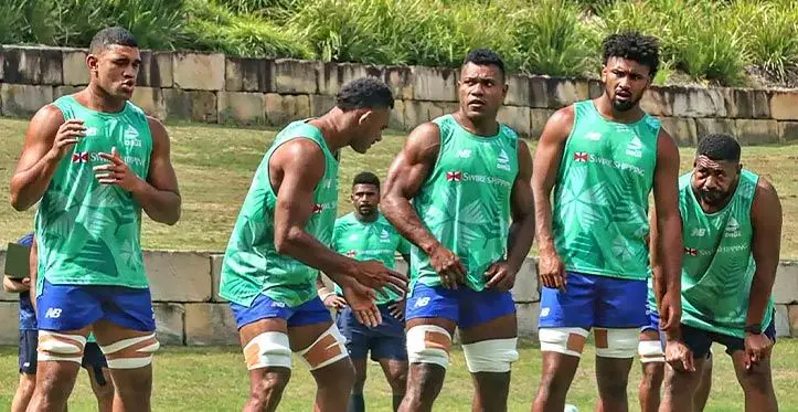 Swire Shipping Fijian Drua (left-right) Meli Derenalagi, Vilive Miramira, Elia Canakaivata, Isoa Nasilasila and Emosi Tuqiri work on their lineout in Brisbane, Australia, on March 21, 2023. Photo: Fijian Drua