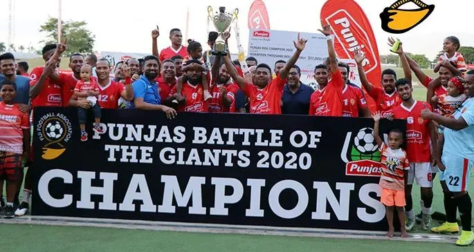 Rewa players, officials and fans celebrate their Punjas Battle of the Giants tournament victory at Churchill Park, Lautoka, on August 16, 2020. Photo: Fiji FA Media