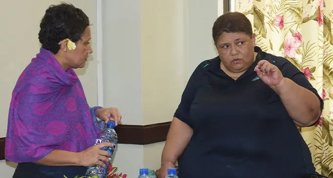 Netball Fiji president RubyAnn Sorovaki (left) and chief executive officer Vivian Koster during their annual general meeting at the Vodafone Arena conference room on February 25, 2023. Photo: Ronald Kumar