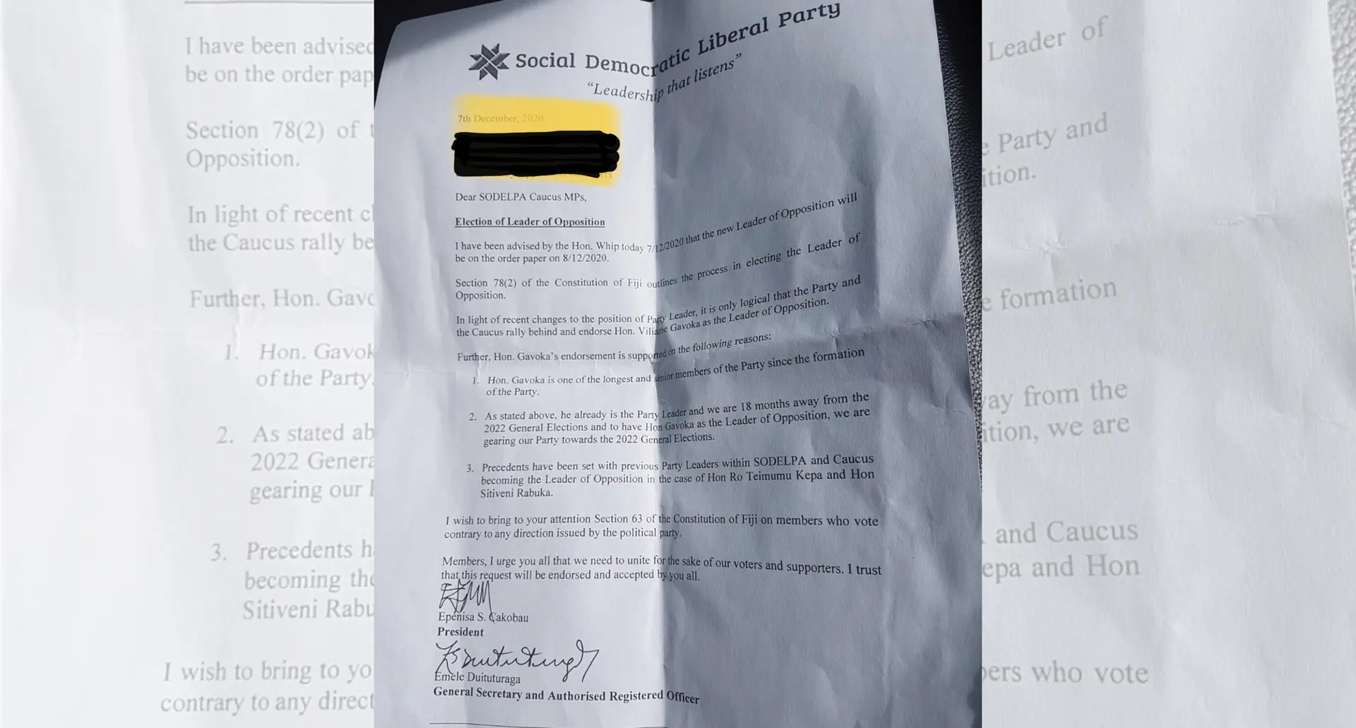 The letter from SODELPA to the 21 Members of Parliament.  
