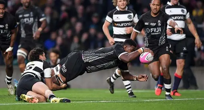 Fiji Airways Flying Fijians rep Temo Mayavanua scores a try during the 33-31 win against the Barbarians in Twickenham, London last month. Photo: Skysports