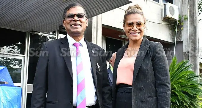 Minister for Women, Children and Social Protection also chair of the Parliamentary Emoluments Committee Lynda Tabuya with Deputy Prime Minister and Minister for Finance Biman Prasad outside the Office of the Prime Minister on June 4, 2024. Photo: Ronald Kumar