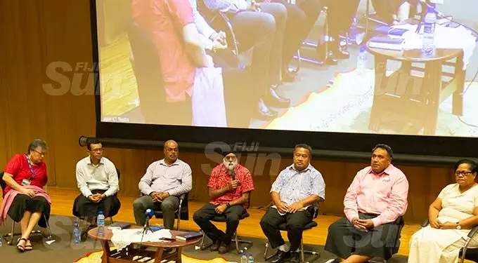 From left: President Student Union Elizabeth Fong, Executive Director Finance Kolinio Boila, Executive Director People and Workforce Strategy Jone Maritino, USP Vice Chancellor Professor Pal Ahluwalia, Deputy Vice Chancellor Jitoko Vanualailai, Deputy Vice Chancellor Regional Campus Giulio Masasso and President USP Staff Union Tarisi Vacala. Photo: Kelera Sovasiga
