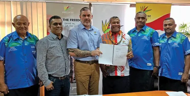 From left: Serevi Rugby Academy adviser Alifereti Cawanibuka, Pacific Energy chief market officer Amit Mahaj, Pacific Energy chief executive officer Stephane Cadel, rugby legend and Serevi Rugby Academy founder Waisale Serevi, World Rugby educator Sakaraia Labalaba and former Deans coach for Ratu Navula, Josaia Rokomarawa during the partnership signing at the Pacific Energy head office in Suva on May 21. 2025. Photo: Viliame Tawanakoro