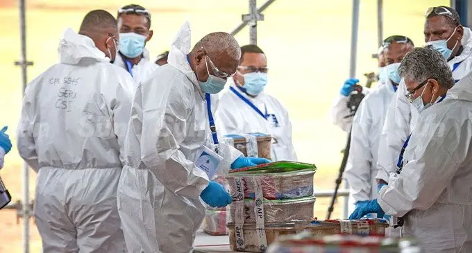 Members of the Fiji Police forensic department load box’s of methamphetamine to be destroyed at the Dignified Crematorium in Davuilevu on February 24, 2025. Photo: Leon Lord