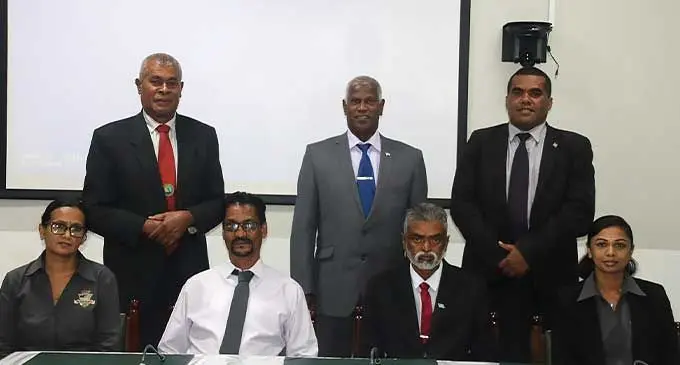 Standing (L-R): Parliament Standing Committee on Social Affairs members Ratu Tevita Navurelevu, George Vegnathan, Alipate Nagata. Sitting (L-R): Ba Town Council Accountant Manjula Devi, Special Administrator Lautoka and Ba Anil Amin, Committee chair Viam Pillay and Ba Town Council CEO Priya Singh after the submission on October 11, 2022. Photo: Parliament of Fiji
