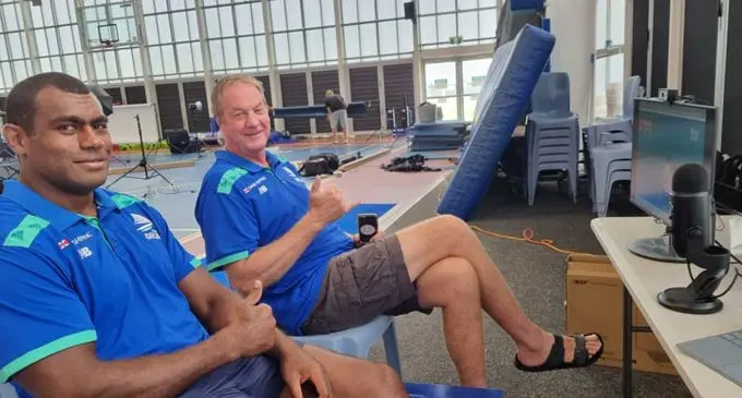 Swire Shipping Fijian Drua captain Nemani Nagusa (left) and head coach Mick Byrne at their Lennox Head base during the virtual launch of Super Rugby Pacific on January 7, 2022. Photo: Fijian Drua