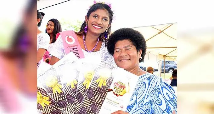 Nausori Tebara Carnival 2022 contestant Miss Nausori Town Council Raina Nandani with Nausori craft exhibition 5 award winner Rigieta Nuku on October 12, 2022. Photo: Ronald Kumar