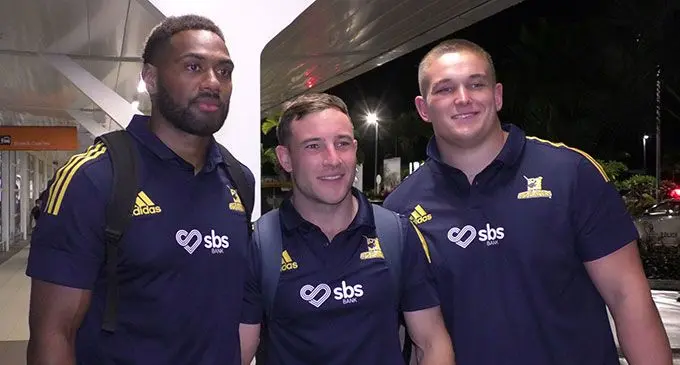 Highlanders Mosese Dawai (left), utility Mitch Hunt, and looseman Ethan de Groot at the Nadi International Airport on April 25, 2022. Photo: Waisea Nasokia