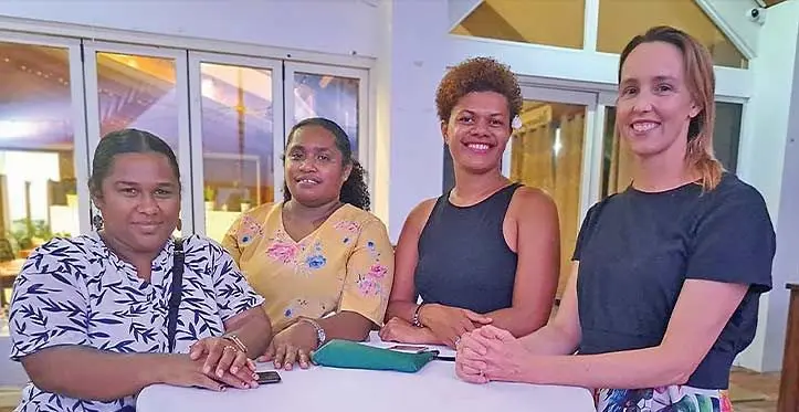 Women in Media members (from left) Mereoni Mili, Laiseana Nasiga, Sereana Salalo and Australian High Commission First Secretary Melissa Tipping at the Greenhouse studio in Suva on April 14, 2023. Photo: Lavenia Vuadreu.