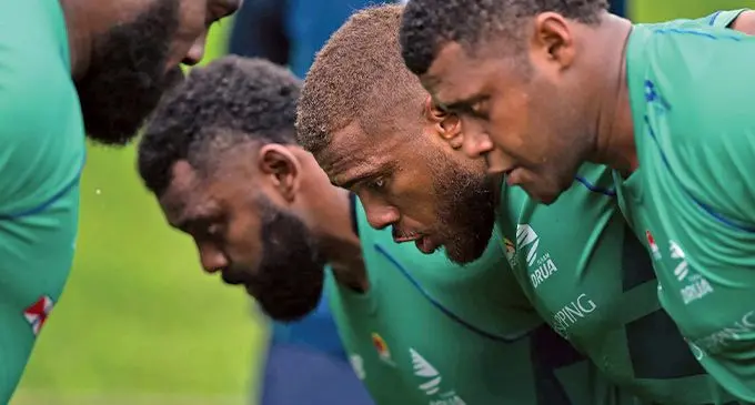 Swire Shipping Fijian Drua tighthead prop Manasa Saulo (left) faces Samuela Tawake, Tevita Ikanivere, Timoci Sauvoli (closest to camera) during a scrum training session. Photo: Fijian Drua