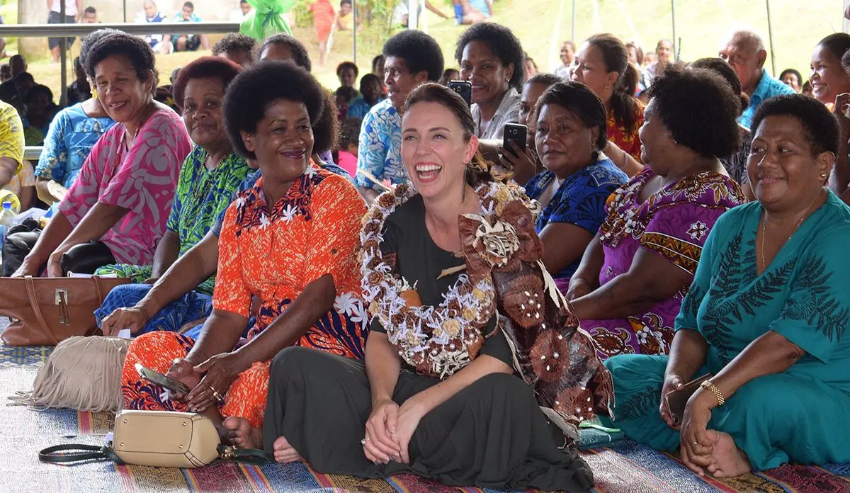 New Zealand Prime Minister Jacinda Ardern with women from Tamavua-i-wai village dring her visit on February 26, 2020. Photo: Ronald Kumar.
