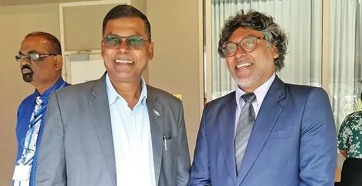 From left: Minister for Finance Biman Prasad and Dr Naren Prasad at the Tanoa International Hotel in Nadi. Photo: Mereleki Nai