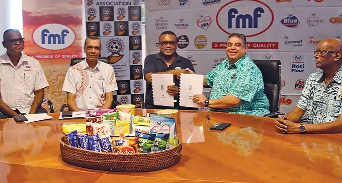 Done deal between FMF and Fiji Football Association (from left) FMF group manager sales Ganesh Mani, FMF group general manager Anuj Patel, FMF group operations manager Jimi Taniela shows the sealed document with Fiji FA president Rajesh Patel and Fiji FA finance committee chairman Ravin Swamy at the FMF headquarters in Walu Bay, Suva, on July 1, 2024. Photo: Fiji FA Media