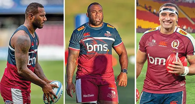 Players of Fijian heritage in the Queensland Reds squad (from left) Suliasi Vunivalu, Peni Ravai and Alex Hodgman. The fourth player Seru Uru is ruled out for six weeks after a thumb surgery. Photos: Queensland Reds
