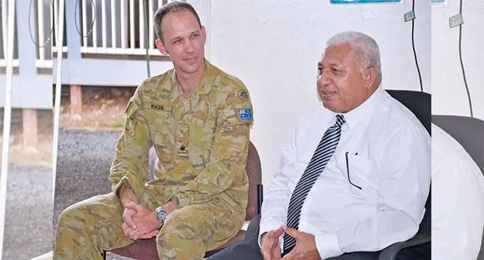 Prime Minister Voreqe Bainimarama with Project lead and Australian Defence Force member Major Benjamin Kuchel during the Prime Minister’s visit to the team at the Lekutu Government Station in Bua on May 26, 2022. Photo: Office of the Prime Minister