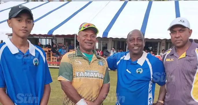 2020 Aditya’s Auto Winches Banana Cup men’s finallists between Lautoka and Tamavua. From left: Dev Anand (Lautoka), Semesa Naiseruvati (Tamavua), Krishan Singh and Rajnesh Prasad (Tamavua) at the Suva Bowling Club on August 2,2020. The Tamavua pair won the final 12-7. Photo: Simione Haravanua