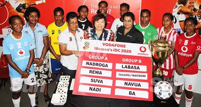 Front from left: Fiji football womens director Susan Wise, Fiji Association of Sports and National Olympic Committee chief executive officer Lorraine Mar and Vodafone Fiji Limited manager marketing and communication Saleshni Chand with representative from each district at Fiji Sports Council corporate box in Suva on February 19, 2020. Photo: Karalaini Tavi