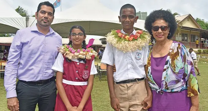 From left: Zaheer Khan and her daughter, head girl Nylah Khan with head boy, Setoki Ceinaturaga and his grandmother, Analolohea Tuugahala at Andrews Primary School in Nadi. Photo: Mereleki Nai