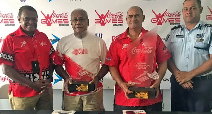 From left: Coca-Cola Amatil marketing manager Lawrence Tikaram, Fiji Secondary Schools Athletics Association general secretary Vuli Waqa, Fiji Secondary Schools Athletics Assocation president Marika Uluinaceva and Fiji Police Force deputy director operations Mesake Sovasova in Suva on April 15, 2019. Photo: Anasilini Natoga