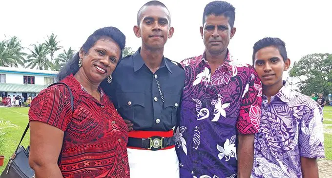 Constable Ronit Rajnesh Kumar with his mother Ashni Shika Devi, father Rohit Rajnesh Deo and brother Rohil Kumar after the passing out parade at the Fiji Police Academy in Nasova on February 15, 2019. Photo: Wati Talebula