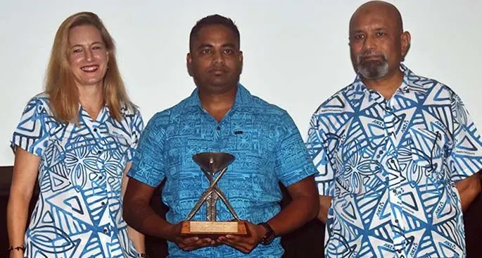 ANZ regional executive - Pacific Islands Tessa Price, Emerging Tourism Leader Outriggers’ Navneeet Reddy and outgoing ANZ Fiji country head Saud Minan during the 2019 Annual ANZ FETA awards at the Sofitel Fiji Resort and Spa at the Sofitel Fiji Resort on March 19, 2021. Photo: Waisea Nasokia