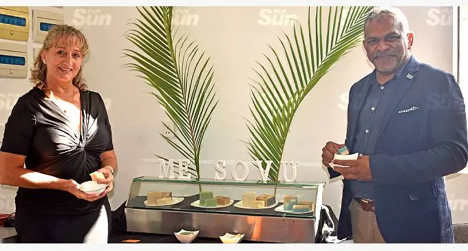From left: MeSovu (Fiji) Pte Limited’s Beatrice Nast with Minister for Commerce, Trade, Tourism and Transport Faiyaz Koya with the MeSovu products in Nadi on November 15, 2021. Photo: Waisea Nasokia
